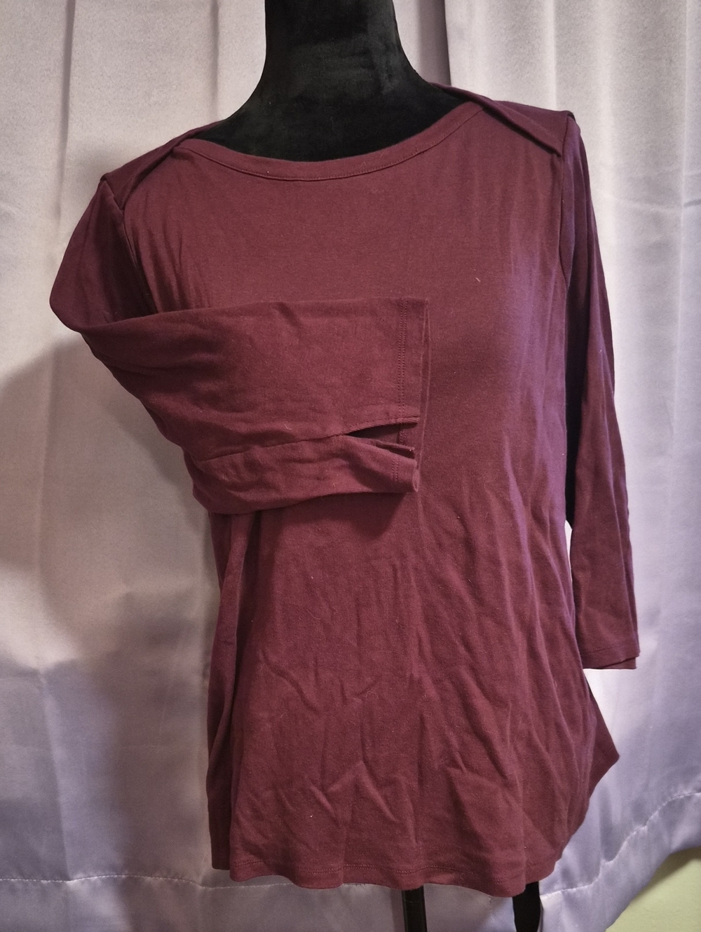 Classic 3/4 Sleeve Fold Over Boatneck Top in Wine